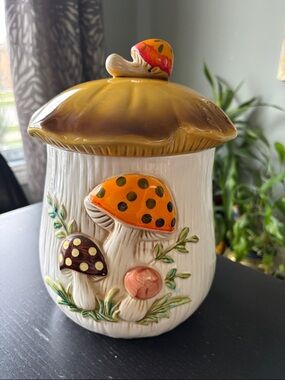 vintage Sears Ceramic Mushroom Canister in Orange, Brown and Cream 1970s